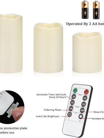 Flameless Candles 4″ 5″ 6″ Set of 3 Ivory Outdoor Indoor Pillars 3″ Diameter Battery Operated Flickering Candles Include 10-Key Remote Timer Function 400+ Hours by 2 AA Batteries