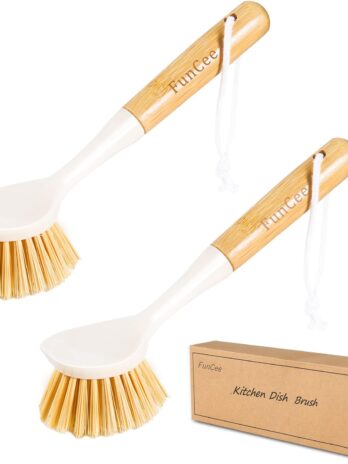 2 Pack Kitchen Dish Brushes with Bamboo Handle, Dish Scrubber Built-in Scraper, Scrub Brush for Pans, Pots, Counter & Kitchen Sink Cleaning, Dishwashing and Cleaning Brush Tools, White